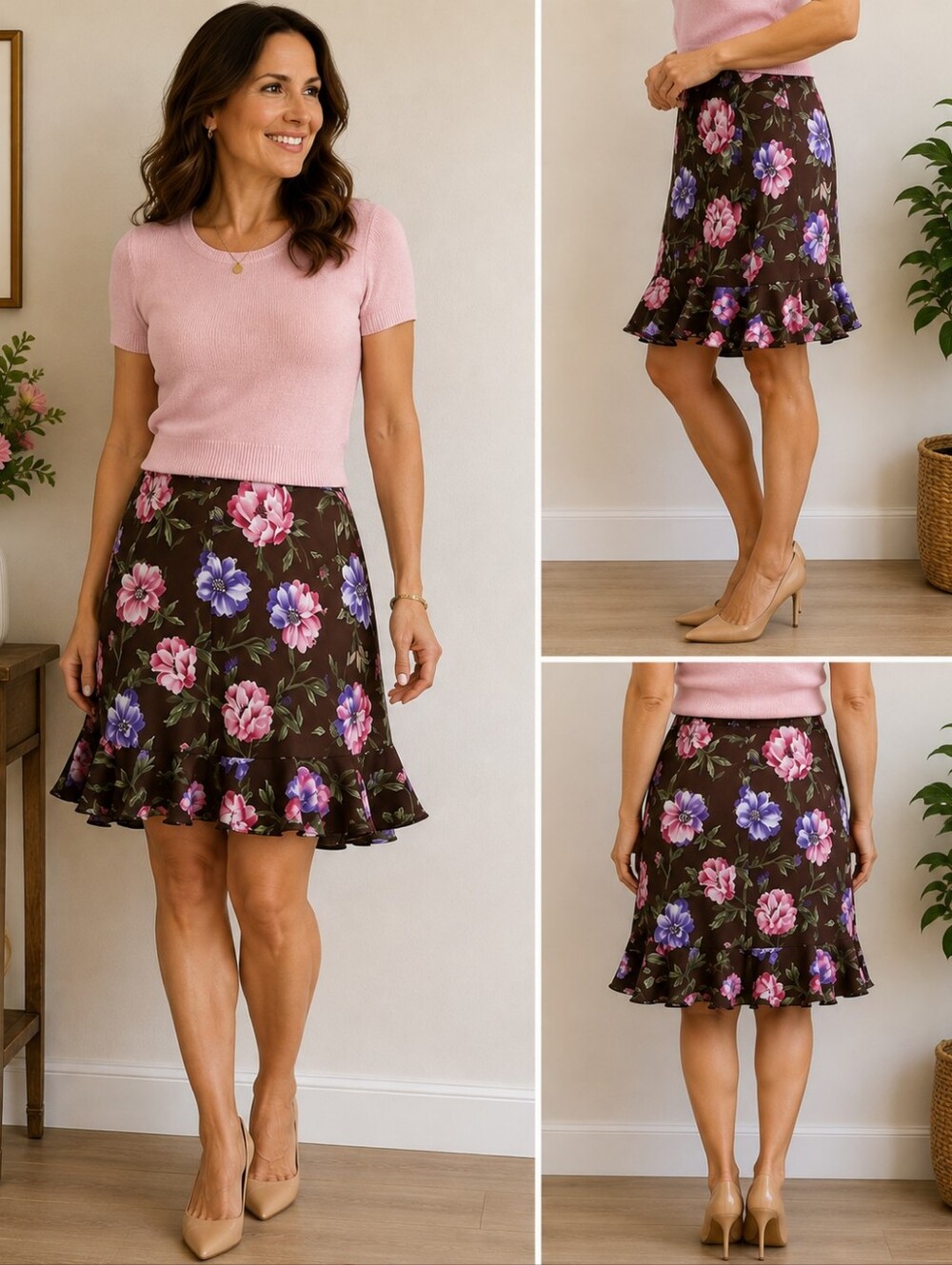14 - Jones New York Signature Brown Floral 100% Silk Ruffle Skirt NWOT